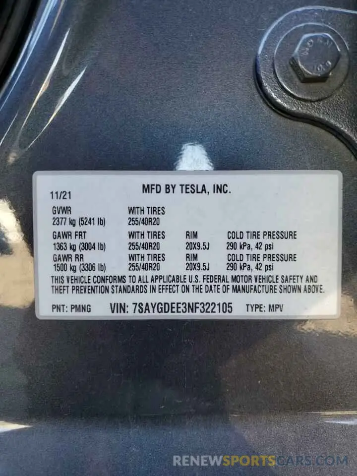 13 fotografías del automóvil dañado 7SAYGDEE3NF322105 TESLA MODEL Y 2022