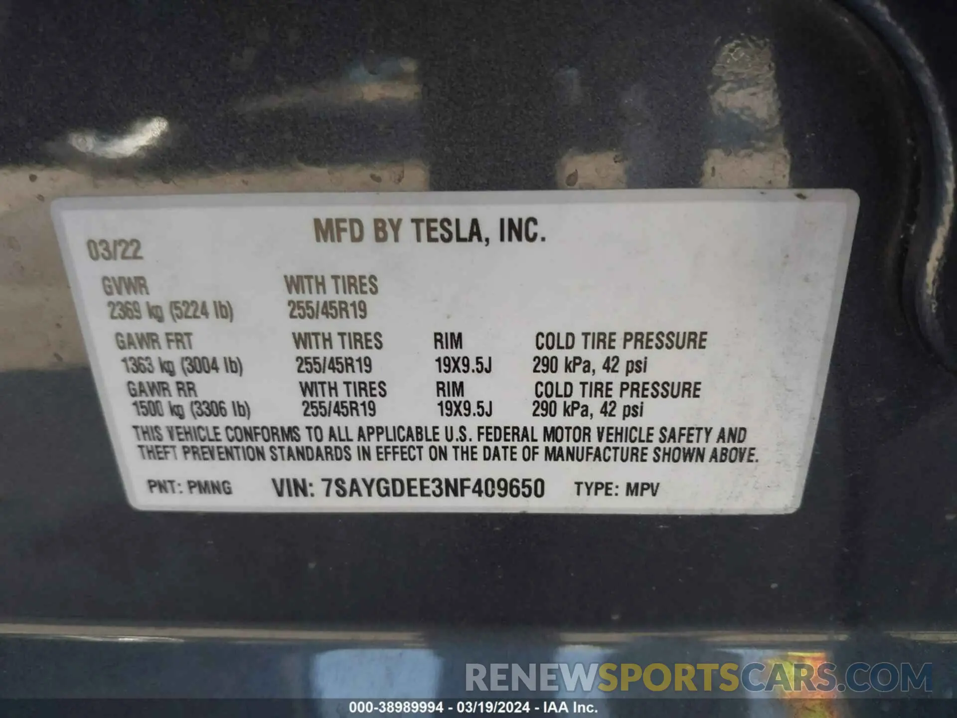 9 fotografías del automóvil dañado 7SAYGDEE3NF409650 TESLA MODEL Y 2022