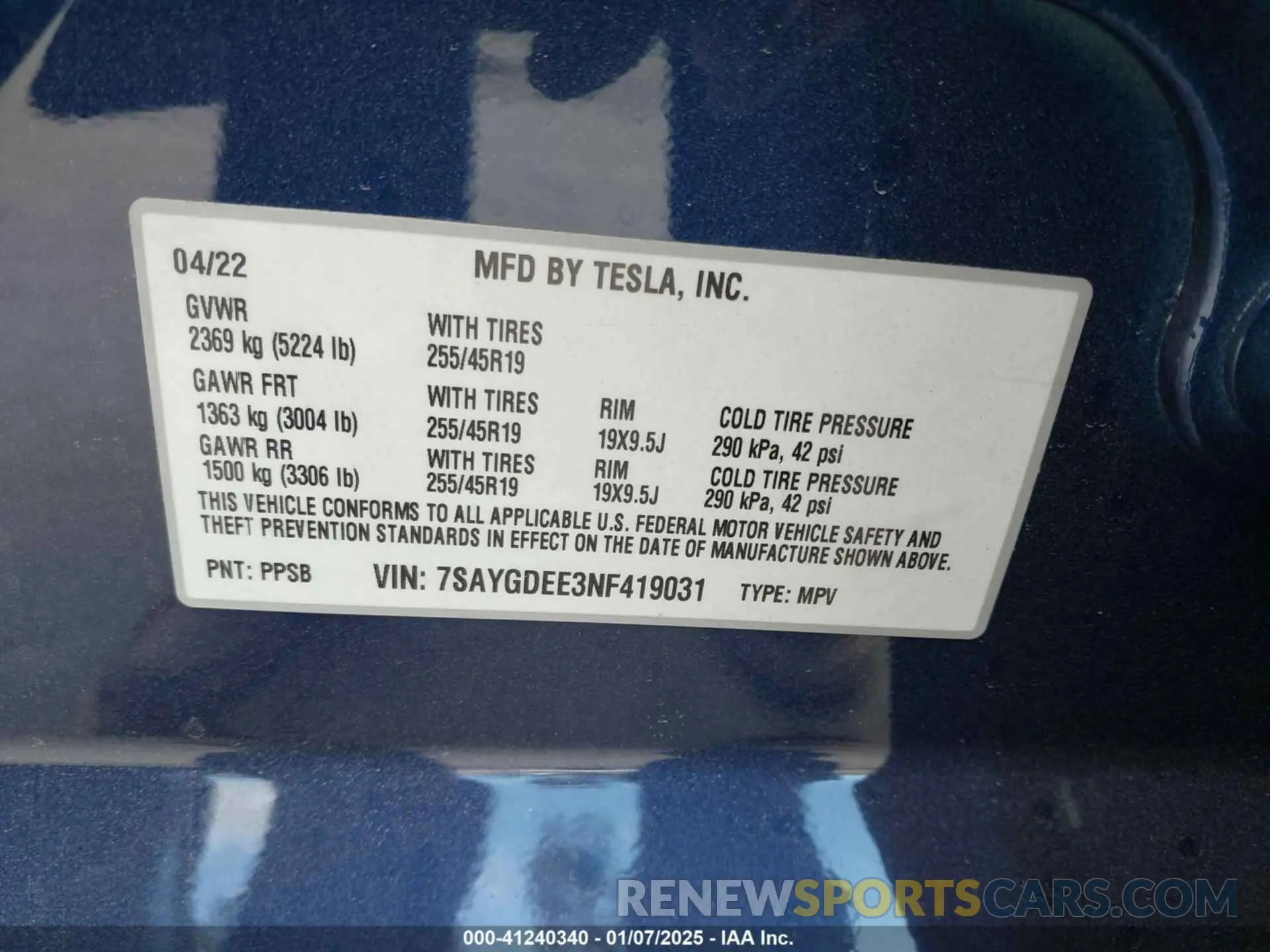 9 fotografías del automóvil dañado 7SAYGDEE3NF419031 TESLA MODEL Y 2022