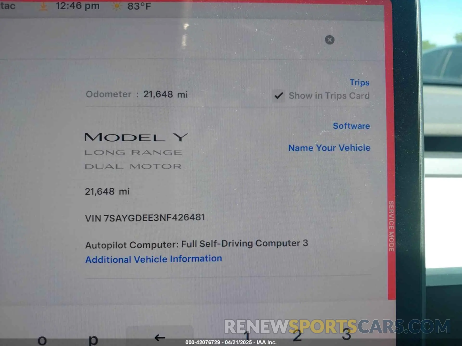 7 fotografías del automóvil dañado 7SAYGDEE3NF426481 TESLA MODEL Y 2022