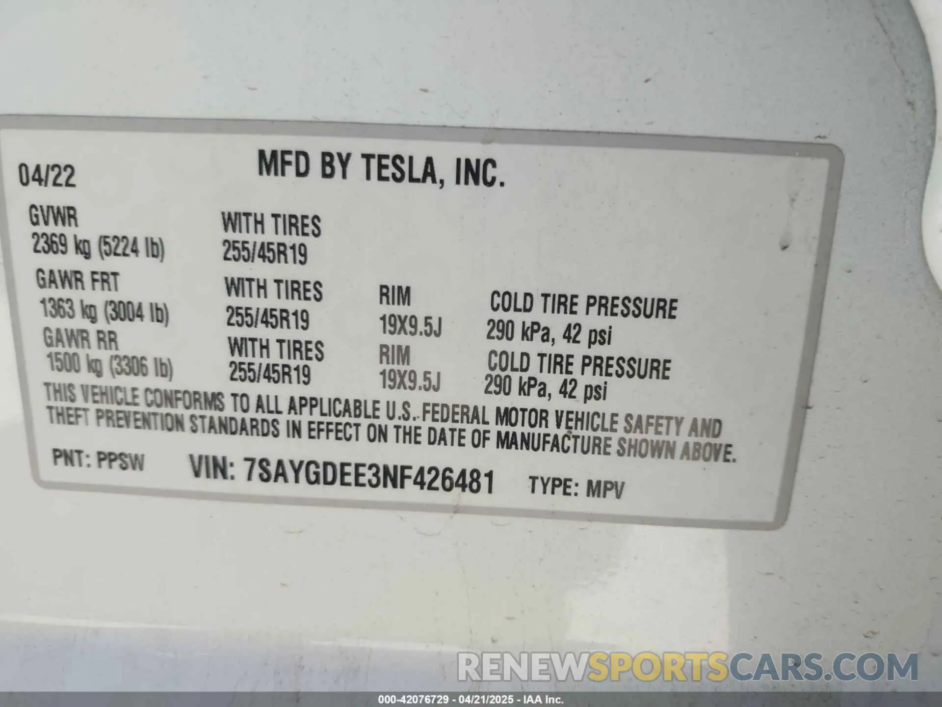 9 fotografías del automóvil dañado 7SAYGDEE3NF426481 TESLA MODEL Y 2022