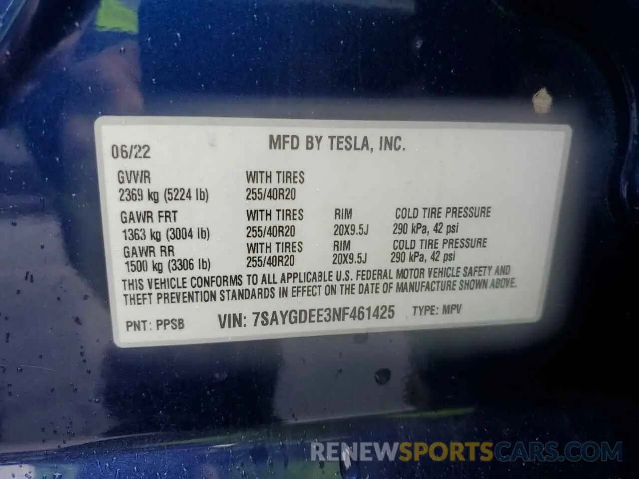 12 fotografías del automóvil dañado 7SAYGDEE3NF461425 TESLA MODEL Y 2022