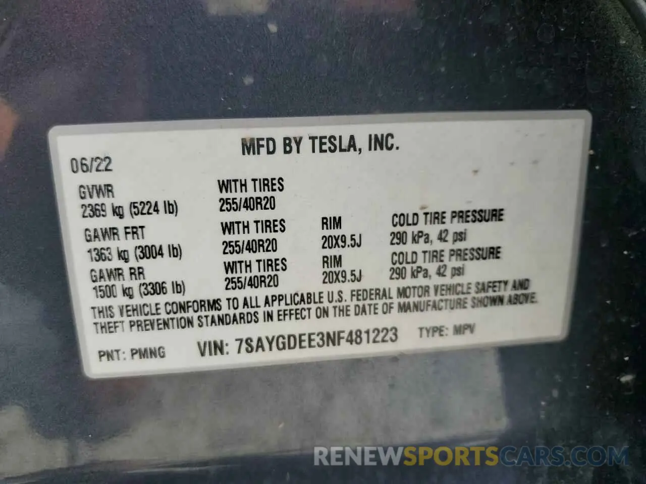 12 fotografías del automóvil dañado 7SAYGDEE3NF481223 TESLA MODEL Y 2022