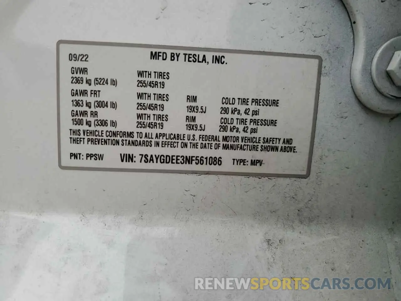 13 fotografías del automóvil dañado 7SAYGDEE3NF561086 TESLA MODEL Y 2022