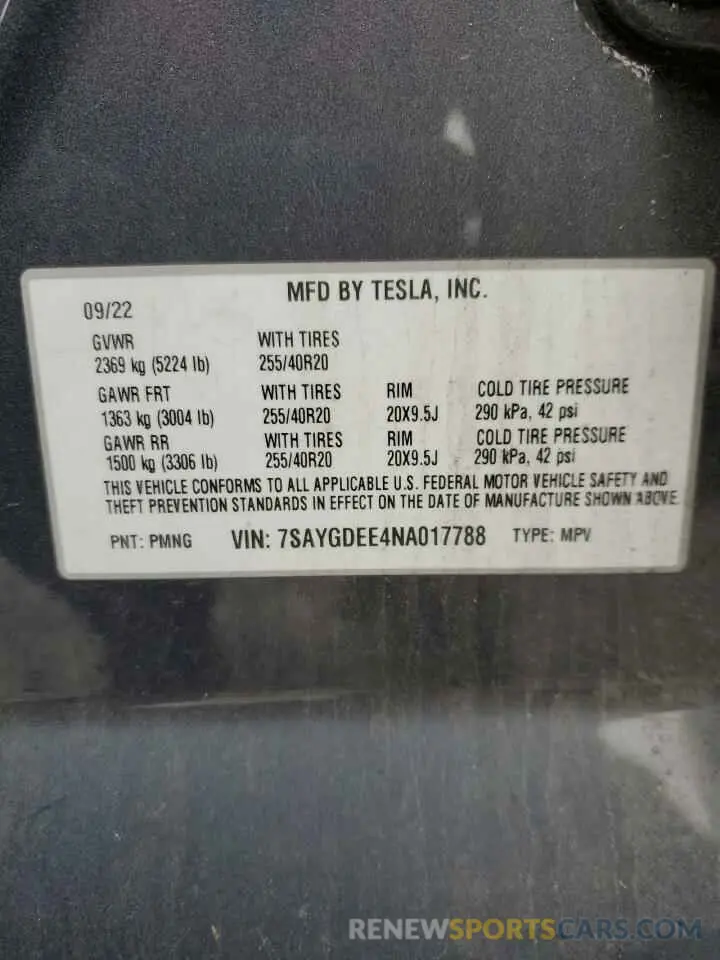 15 fotografías del automóvil dañado 7SAYGDEE4NA017788 TESLA MODEL Y 2022