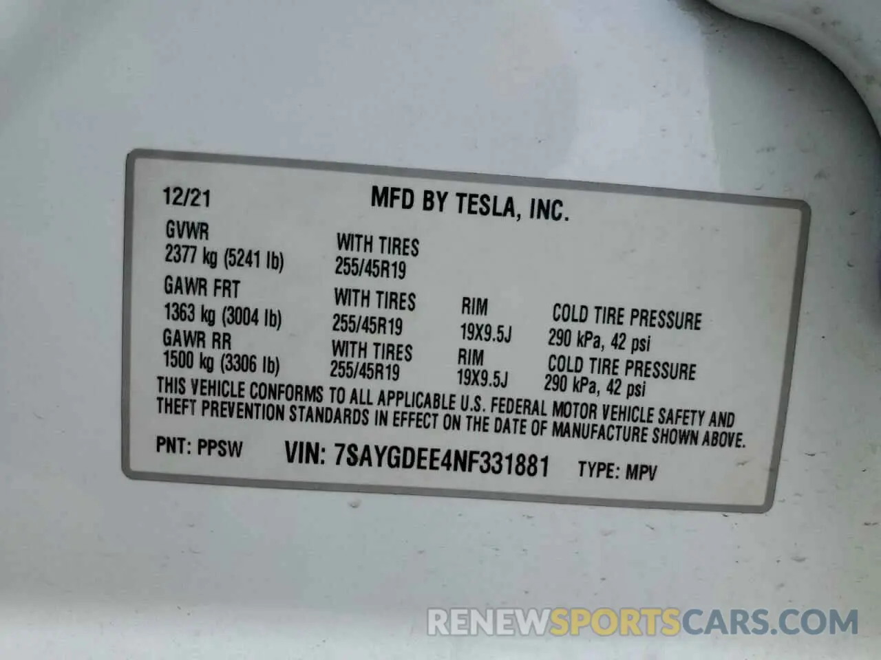 15 fotografías del automóvil dañado 7SAYGDEE4NF331881 TESLA MODEL Y 2022
