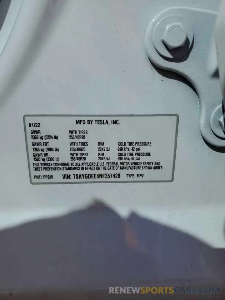 14 fotografías del automóvil dañado 7SAYGDEE4NF357428 TESLA MODEL Y 2022