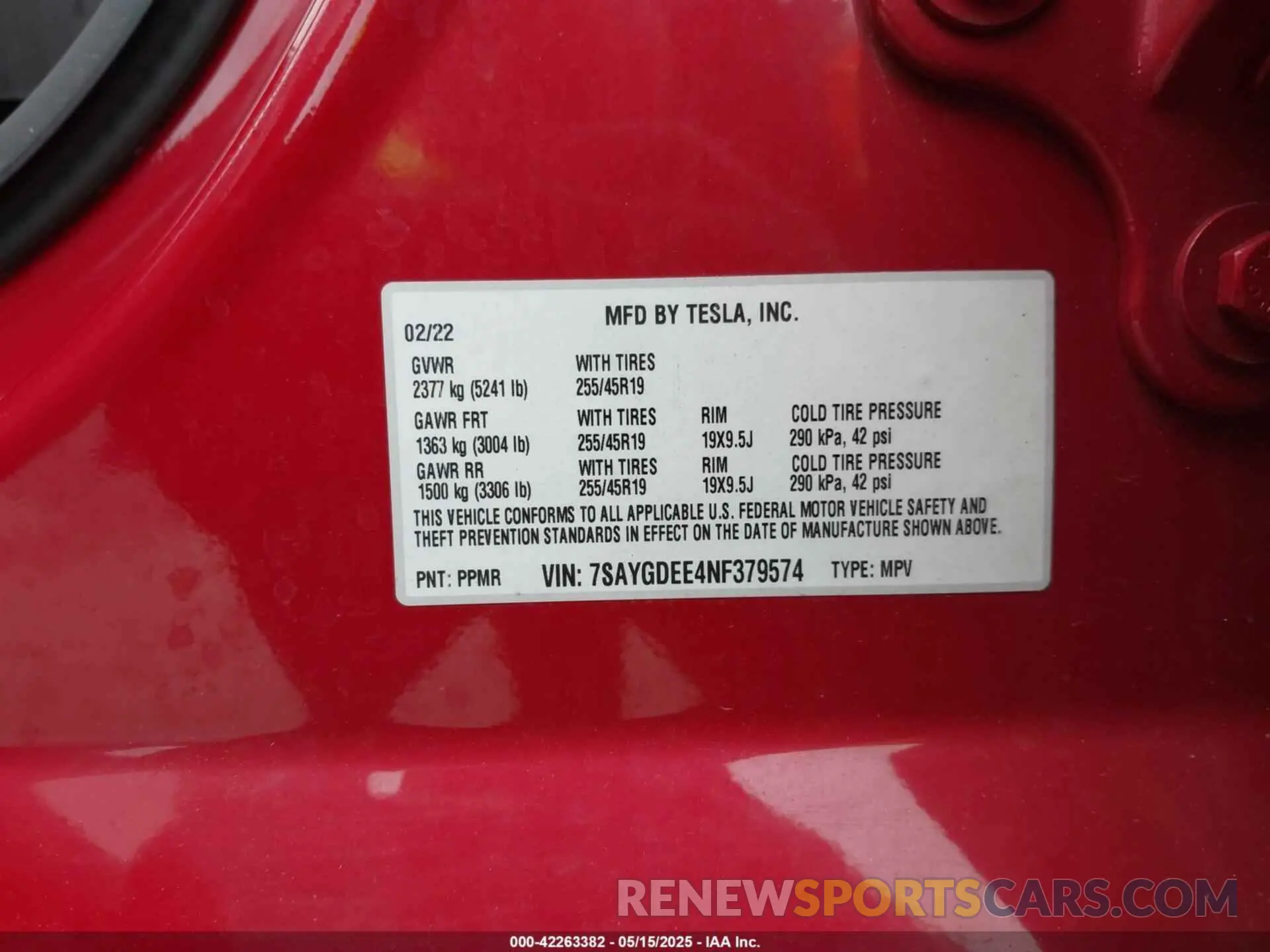 9 fotografías del automóvil dañado 7SAYGDEE4NF379574 TESLA MODEL Y 2022
