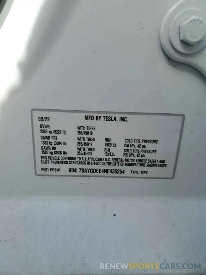 12 fotografías del automóvil dañado 7SAYGDEE4NF435254 TESLA MODEL Y 2022