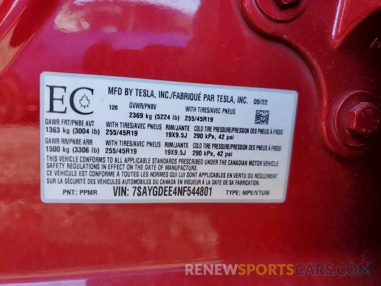 14 fotografías del automóvil dañado 7SAYGDEE4NF544801 TESLA MODEL Y 2022