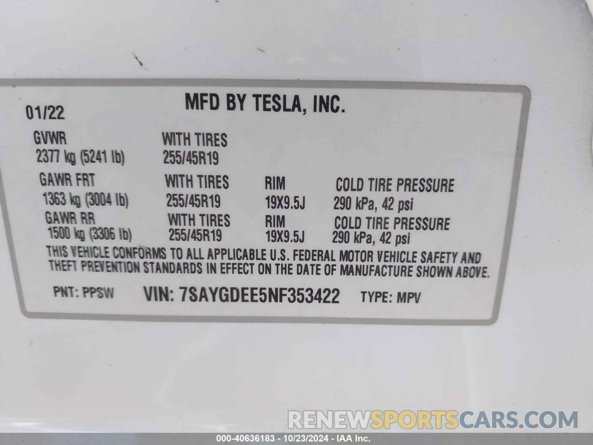 9 fotografías del automóvil dañado 7SAYGDEE5NF353422 TESLA MODEL Y 2022