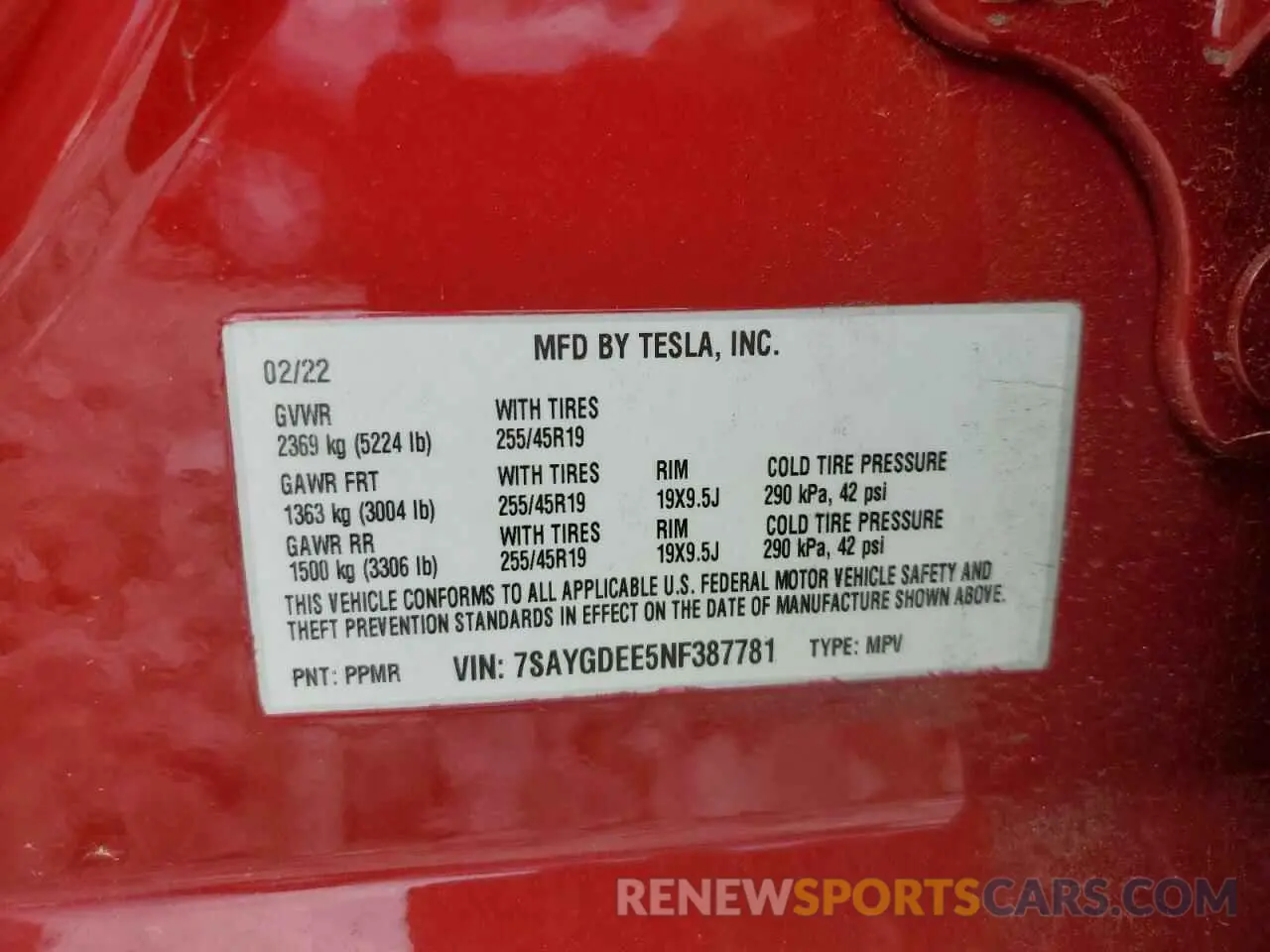 12 fotografías del automóvil dañado 7SAYGDEE5NF387781 TESLA MODEL Y 2022