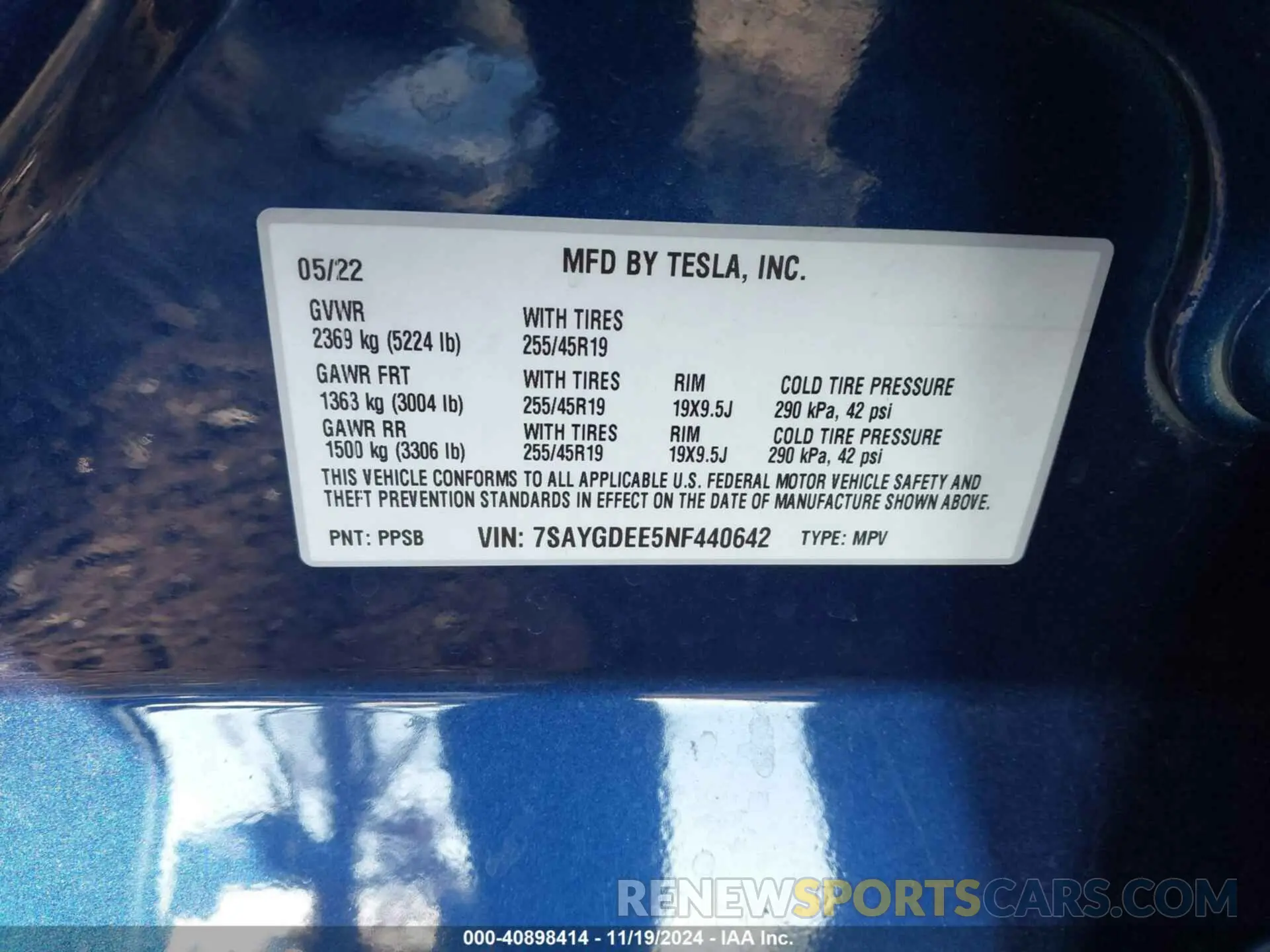 9 fotografías del automóvil dañado 7SAYGDEE5NF440642 TESLA MODEL Y 2022