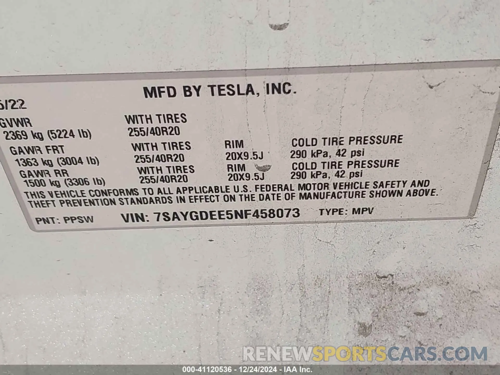9 fotografías del automóvil dañado 7SAYGDEE5NF458073 TESLA MODEL Y 2022