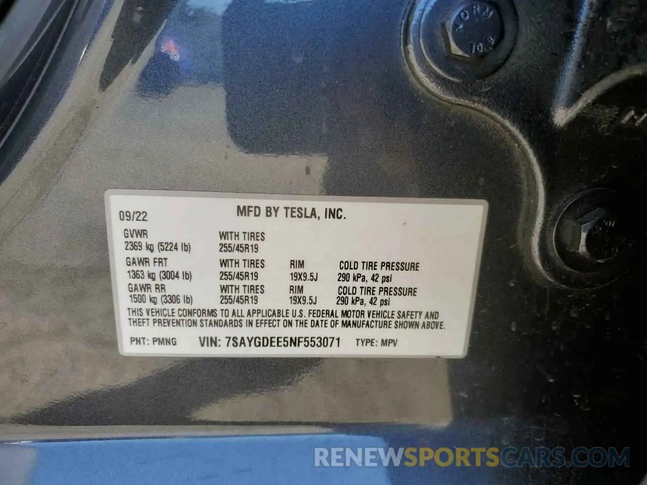 12 fotografías del automóvil dañado 7SAYGDEE5NF553071 TESLA MODEL Y 2022