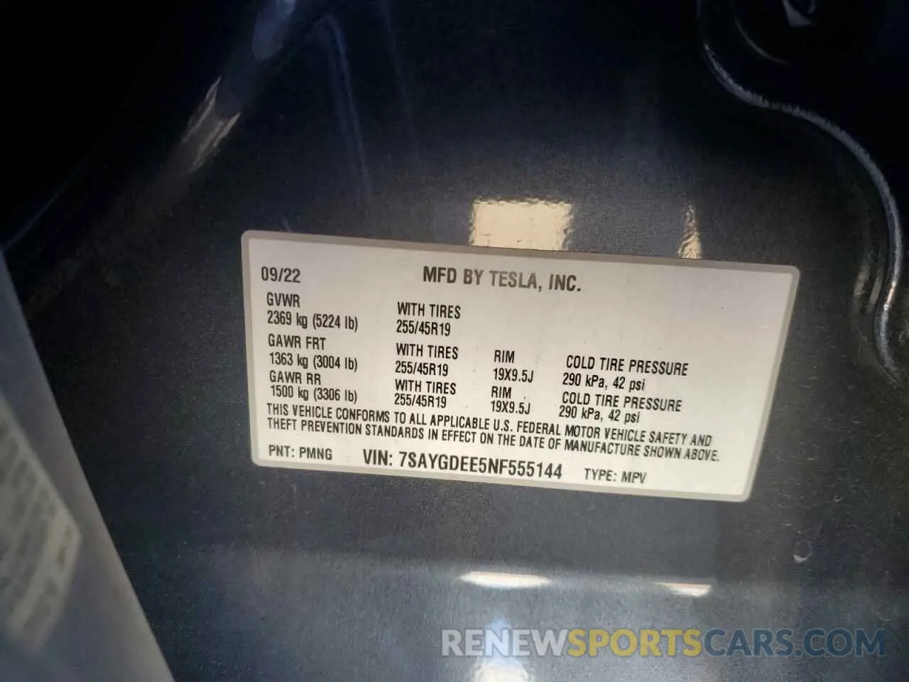 12 fotografías del automóvil dañado 7SAYGDEE5NF555144 TESLA MODEL Y 2022