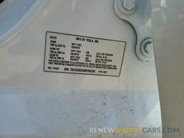 12 fotografías del automóvil dañado 7SAYGDEE5NF565396 TESLA MODEL Y 2022