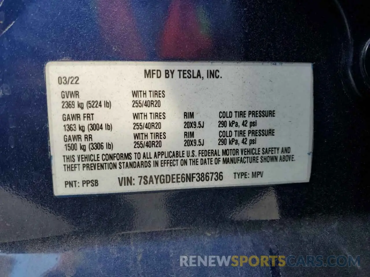 12 fotografías del automóvil dañado 7SAYGDEE6NF386736 TESLA MODEL Y 2022