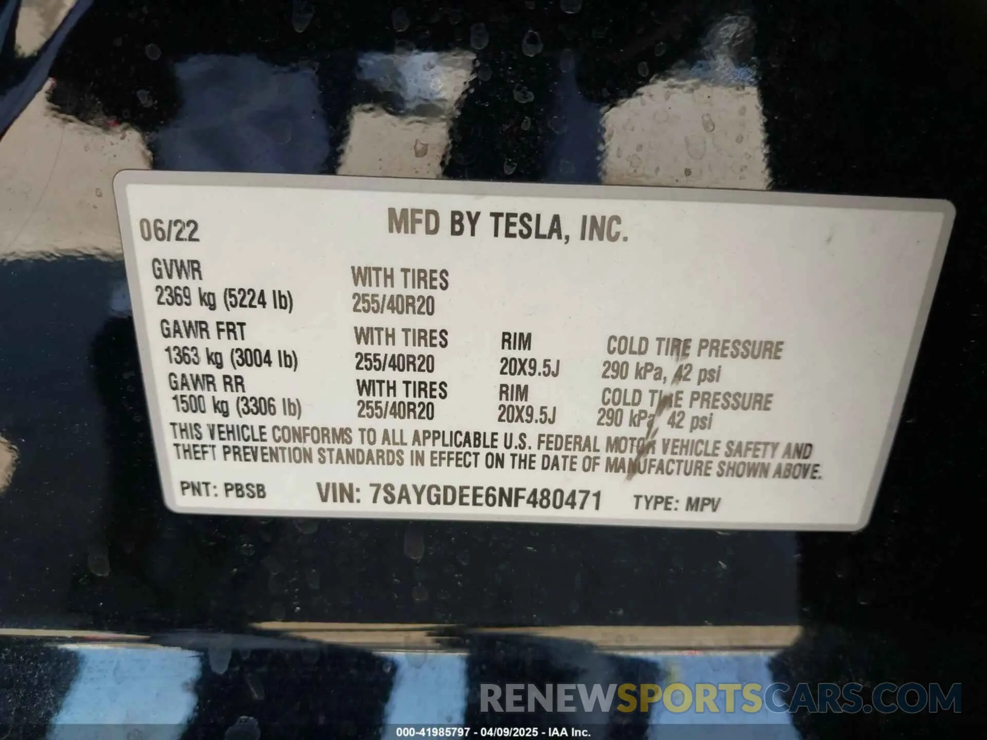 9 fotografías del automóvil dañado 7SAYGDEE6NF480471 TESLA MODEL Y 2022