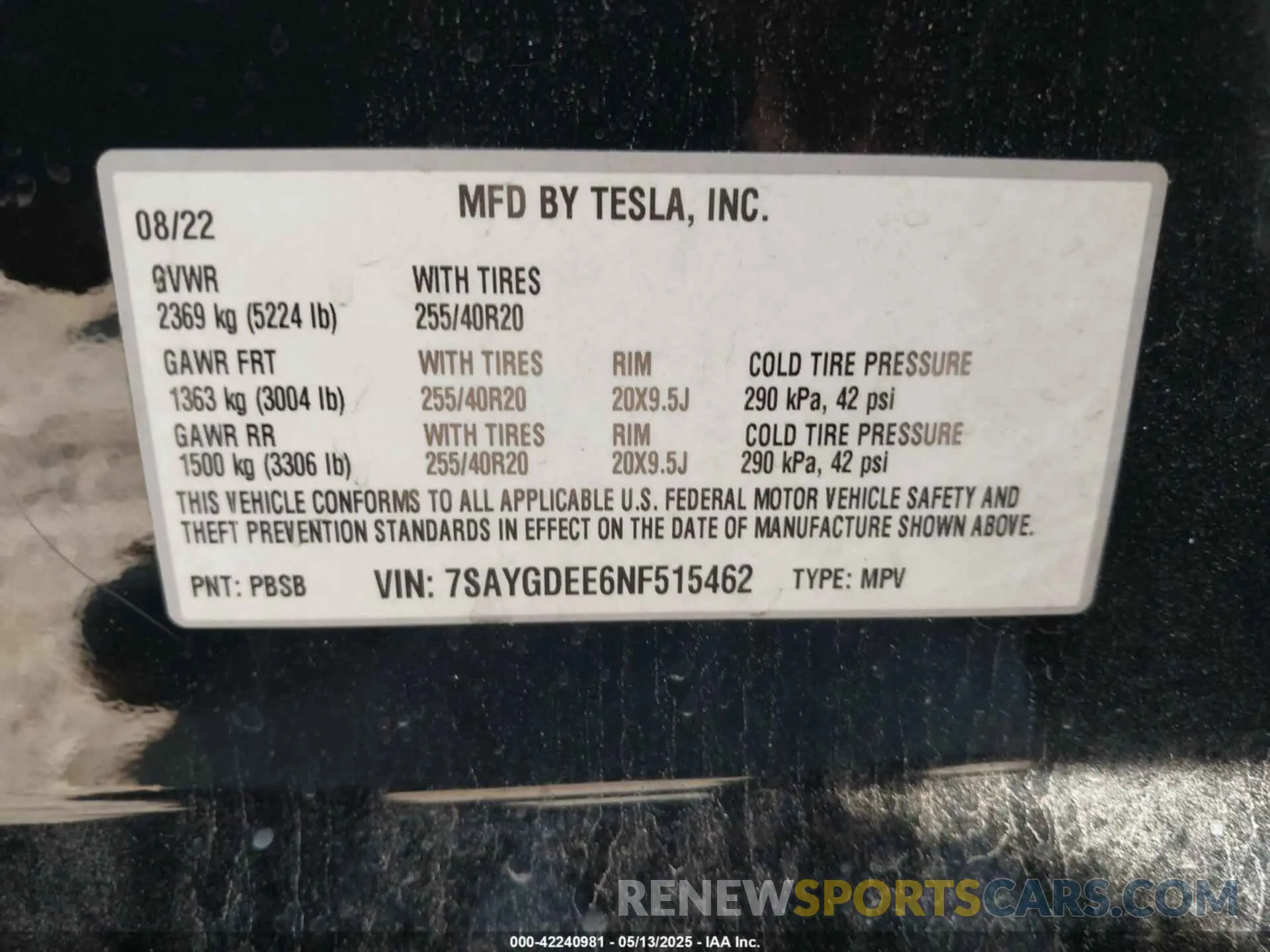 9 fotografías del automóvil dañado 7SAYGDEE6NF515462 TESLA MODEL Y 2022