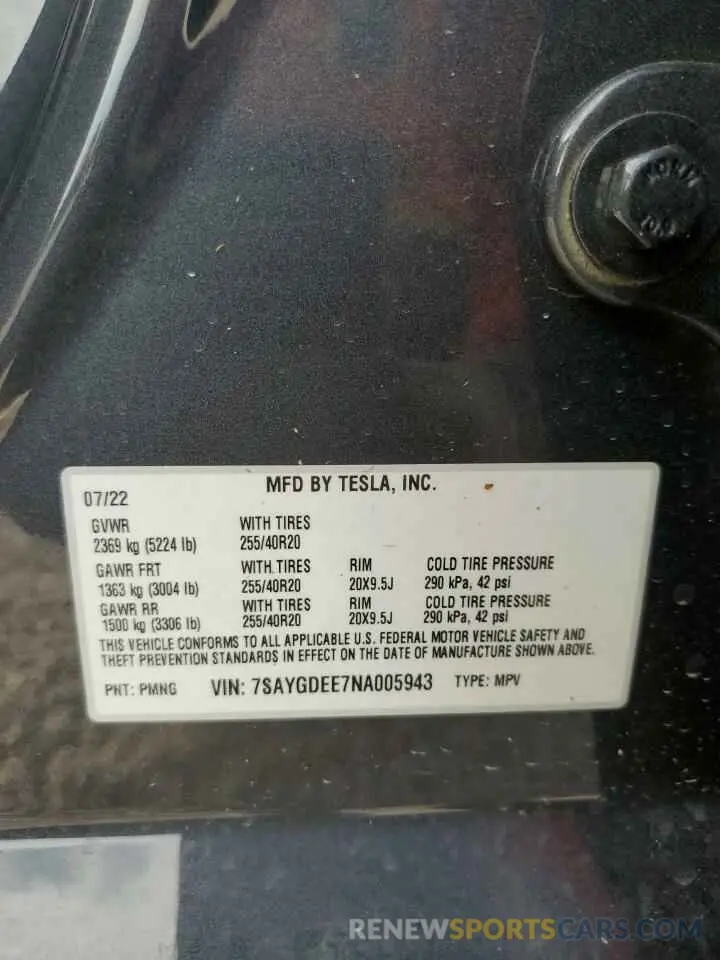 10 fotografías del automóvil dañado 7SAYGDEE7NA005943 TESLA MODEL Y 2022