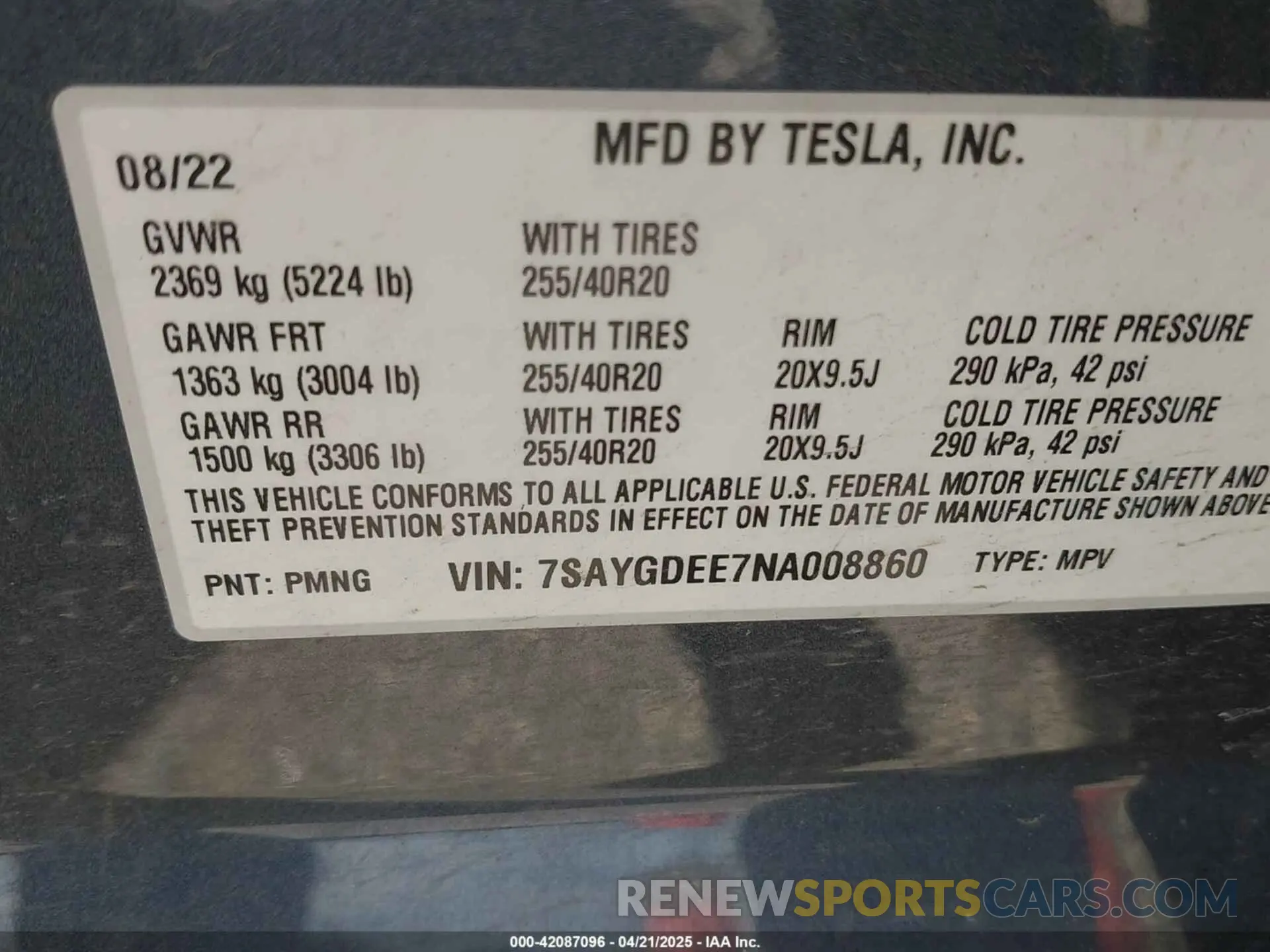 9 fotografías del automóvil dañado 7SAYGDEE7NA008860 TESLA MODEL Y 2022
