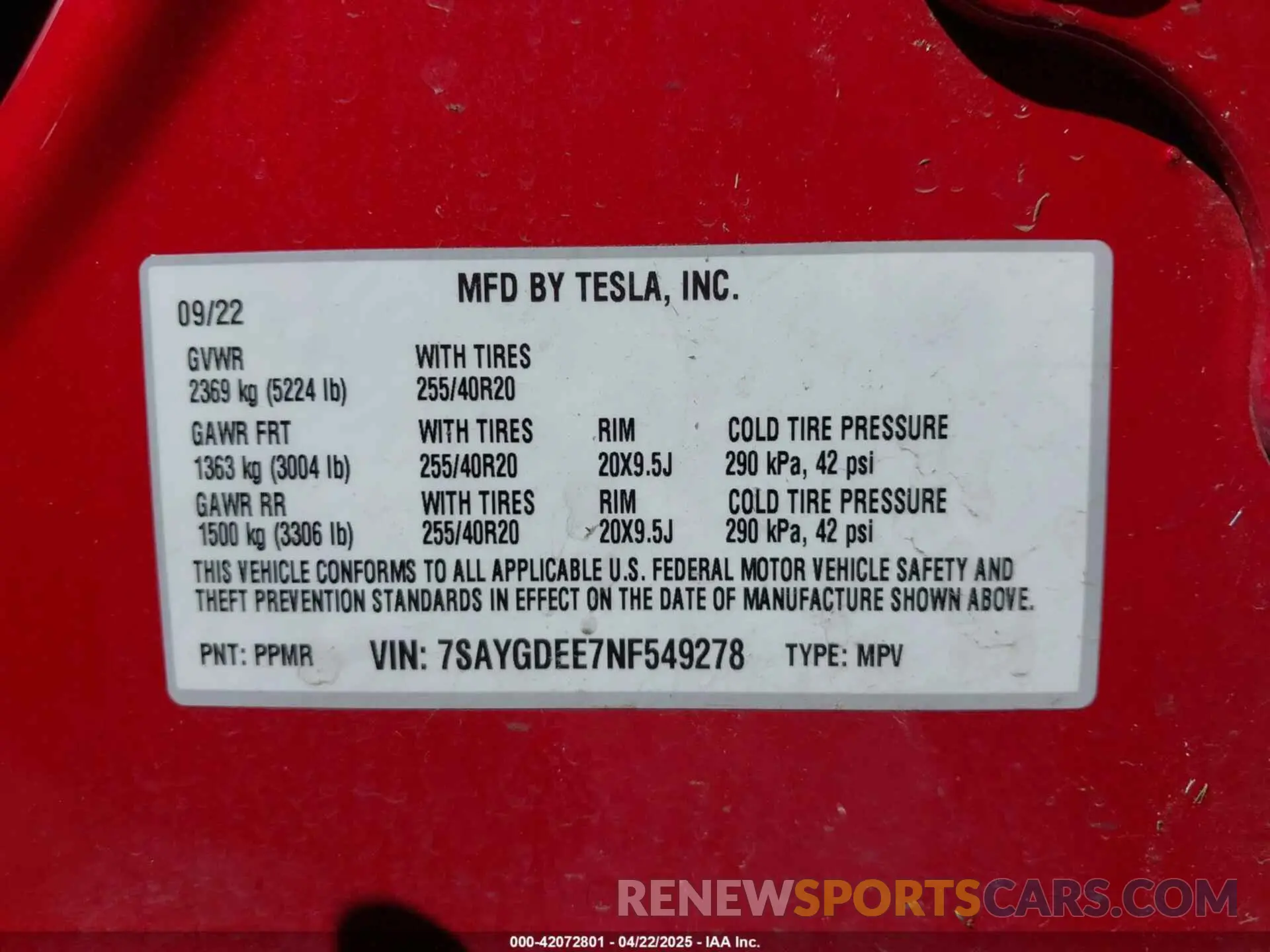9 fotografías del automóvil dañado 7SAYGDEE7NF549278 TESLA MODEL Y 2022