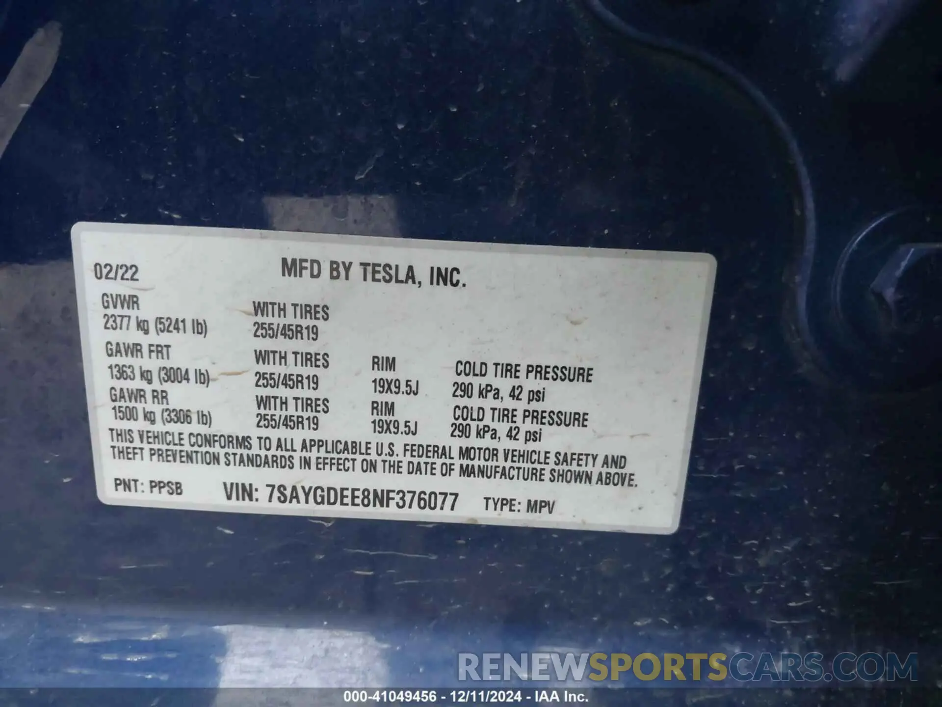 9 fotografías del automóvil dañado 7SAYGDEE8NF376077 TESLA MODEL Y 2022