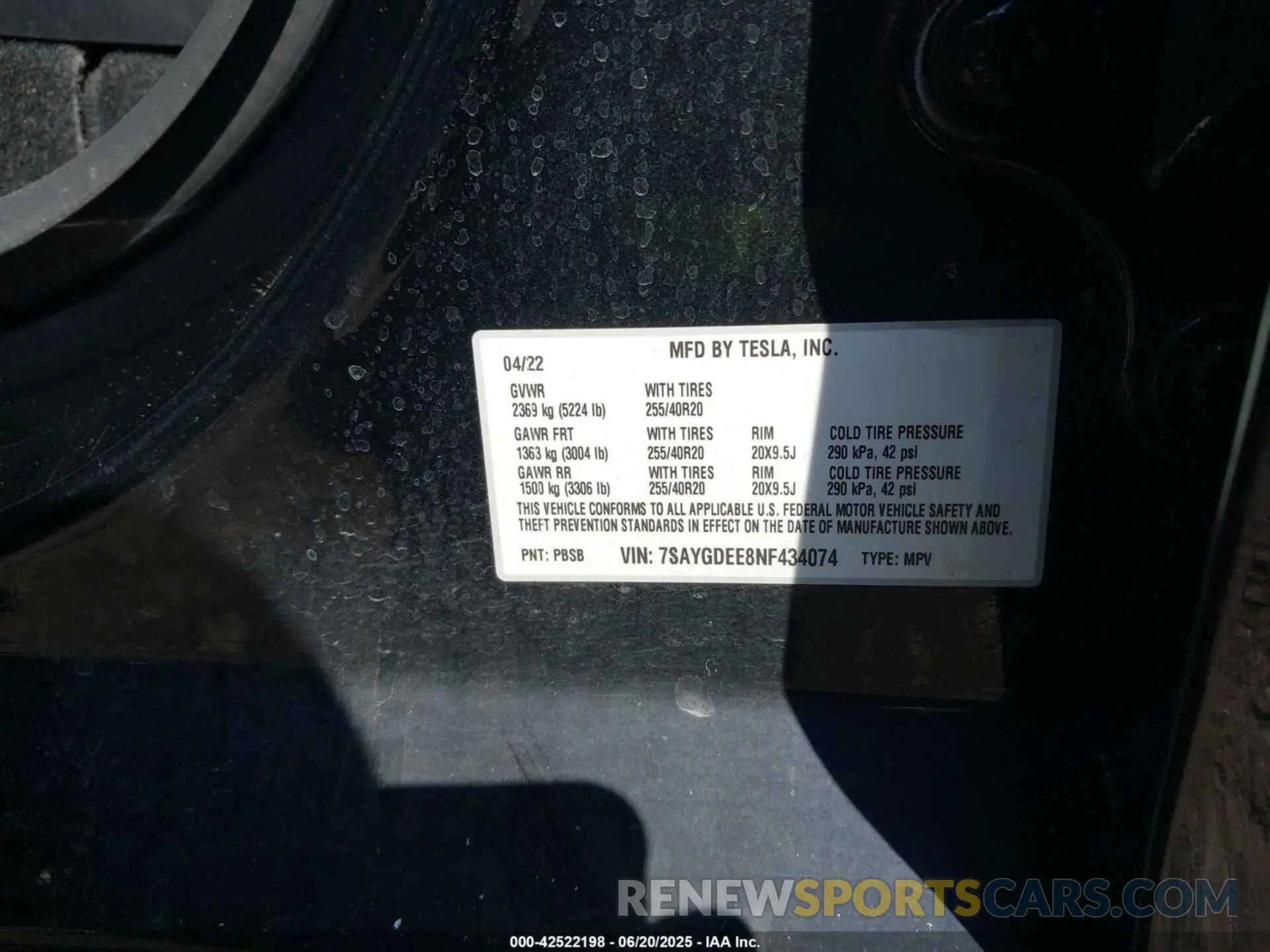 9 fotografías del automóvil dañado 7SAYGDEE8NF434074 TESLA MODEL Y 2022