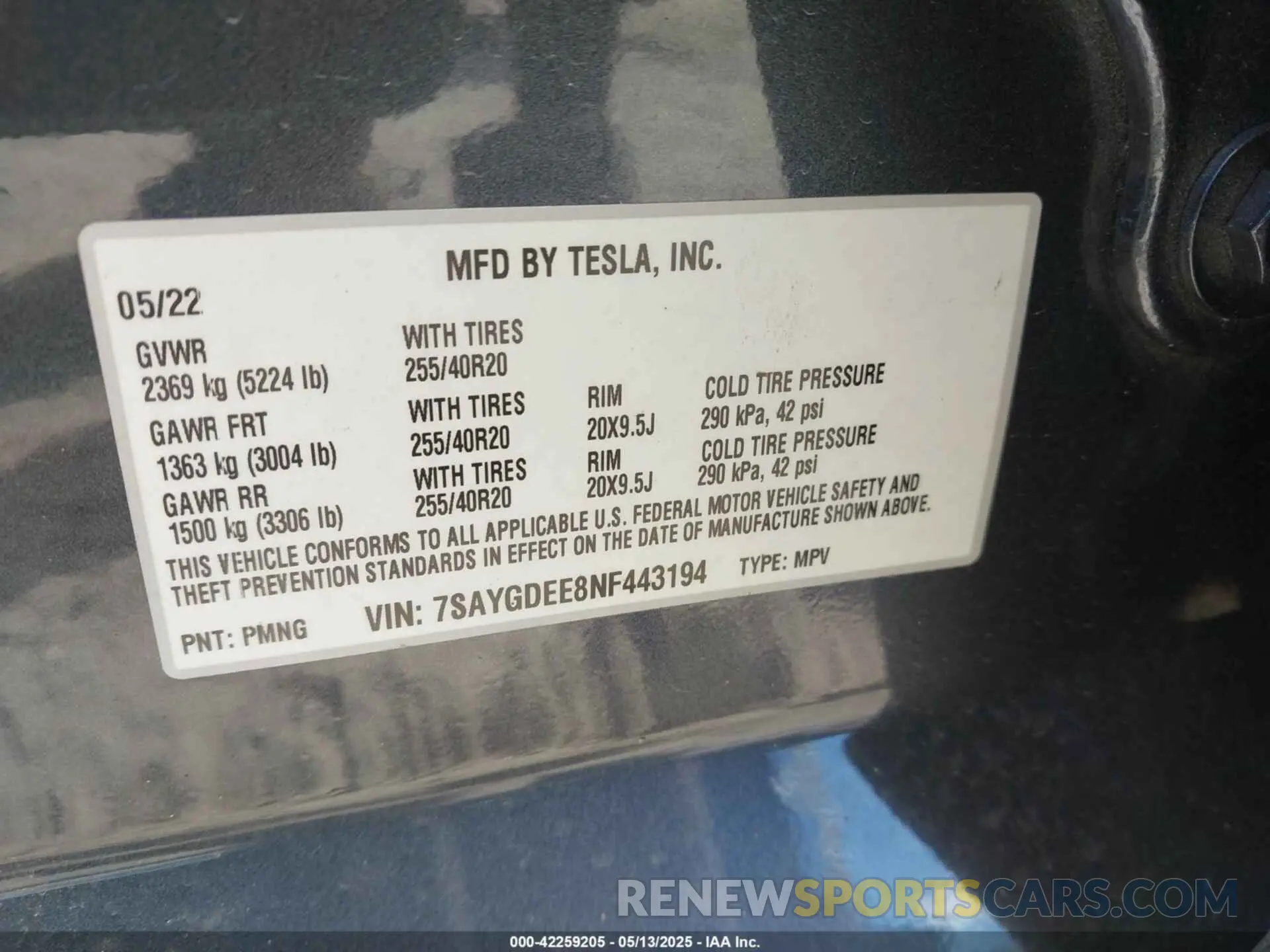 9 fotografías del automóvil dañado 7SAYGDEE8NF443194 TESLA MODEL Y 2022
