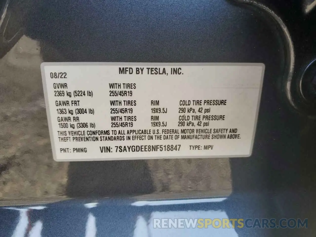 12 fotografías del automóvil dañado 7SAYGDEE8NF518847 TESLA MODEL Y 2022