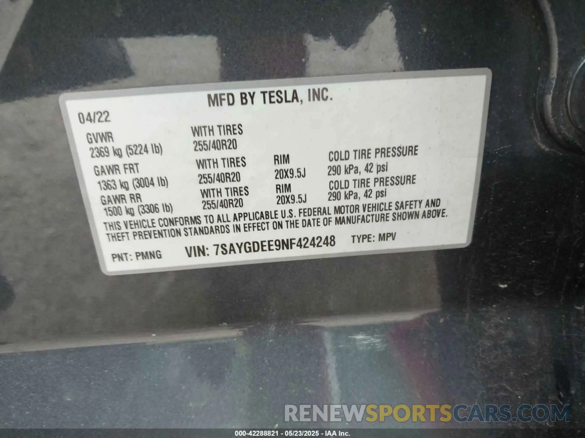 9 fotografías del automóvil dañado 7SAYGDEE9NF424248 TESLA MODEL Y 2022