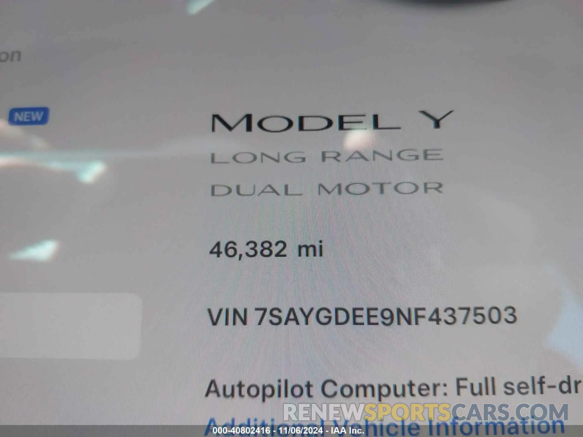 7 fotografías del automóvil dañado 7SAYGDEE9NF437503 TESLA MODEL Y 2022