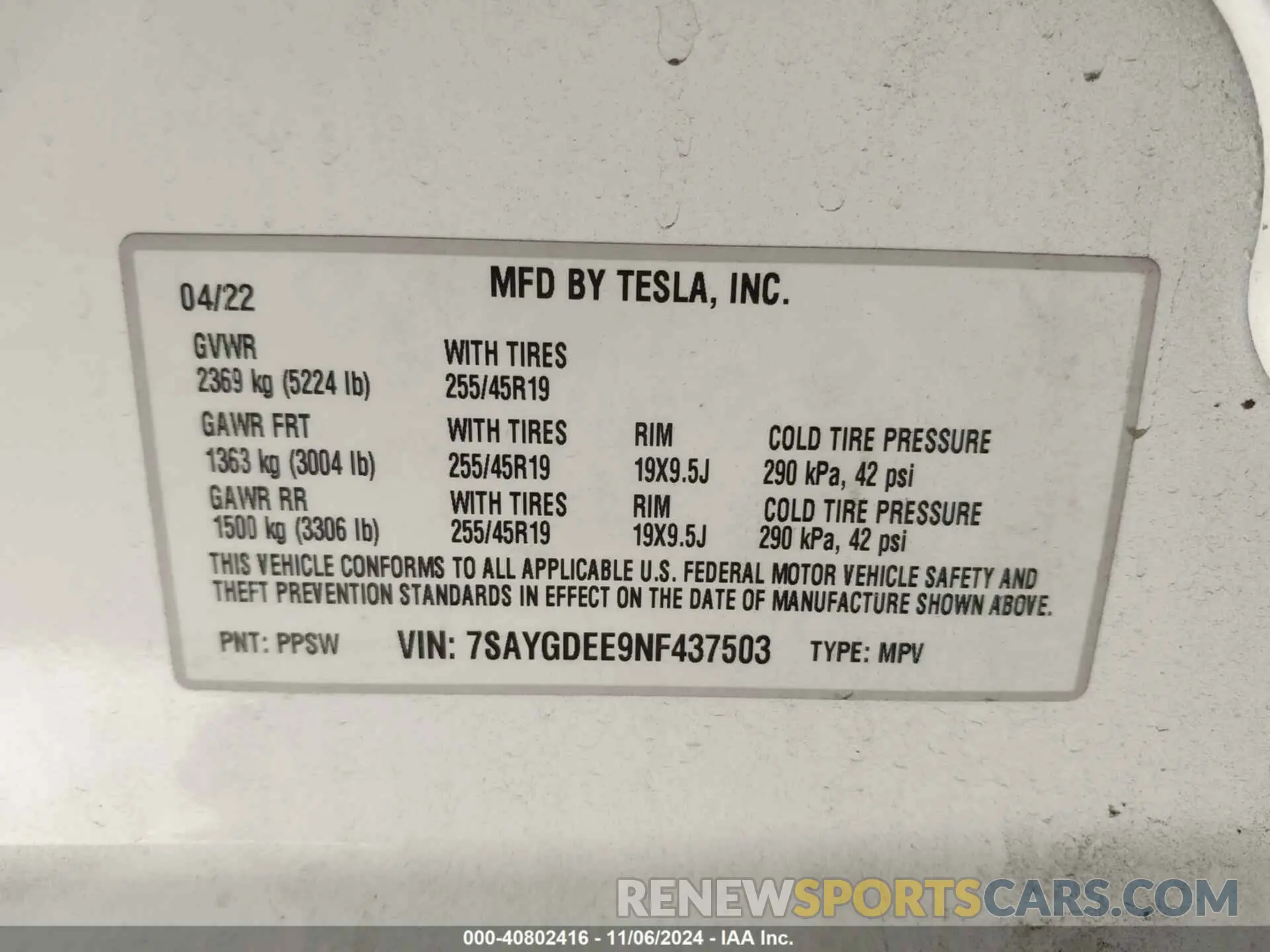 9 fotografías del automóvil dañado 7SAYGDEE9NF437503 TESLA MODEL Y 2022