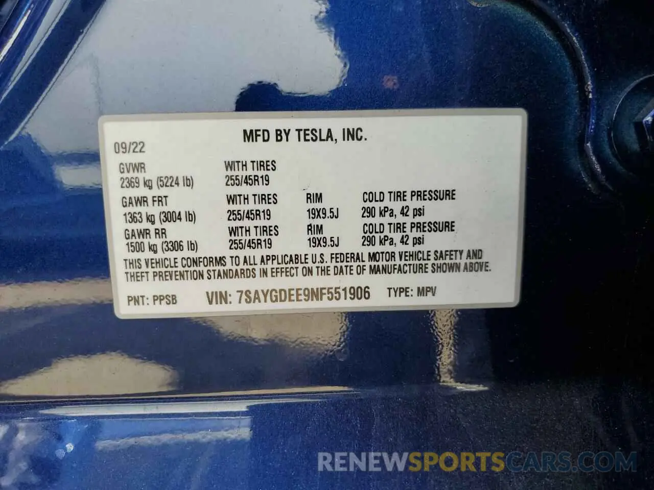 13 fotografías del automóvil dañado 7SAYGDEE9NF551906 TESLA MODEL Y 2022