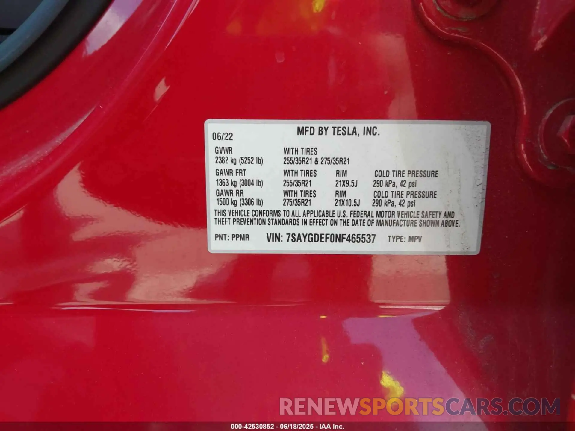9 fotografías del automóvil dañado 7SAYGDEF0NF465537 TESLA MODEL Y 2022