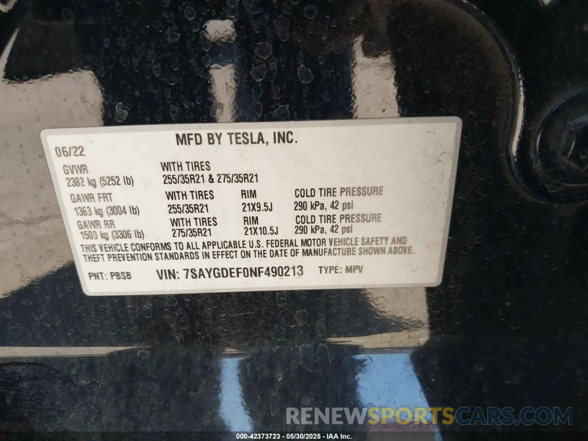 9 fotografías del automóvil dañado 7SAYGDEF0NF490213 TESLA MODEL Y 2022