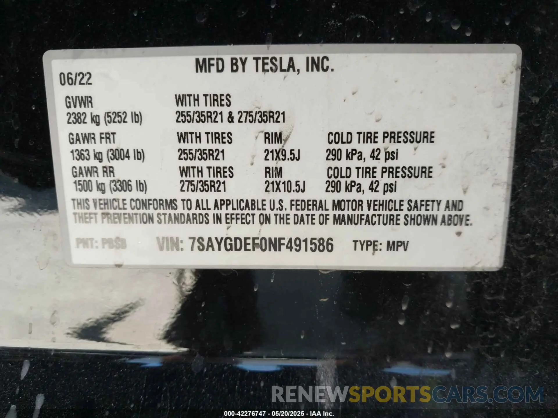 9 fotografías del automóvil dañado 7SAYGDEF0NF491586 TESLA MODEL Y 2022