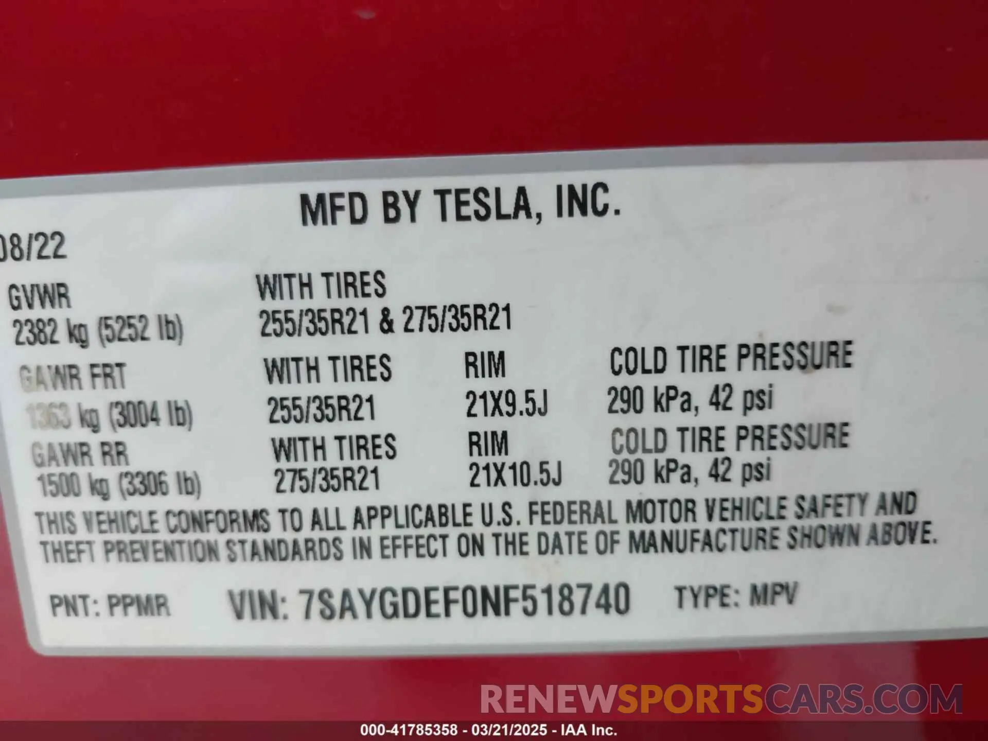 9 fotografías del automóvil dañado 7SAYGDEF0NF518740 TESLA MODEL Y 2022