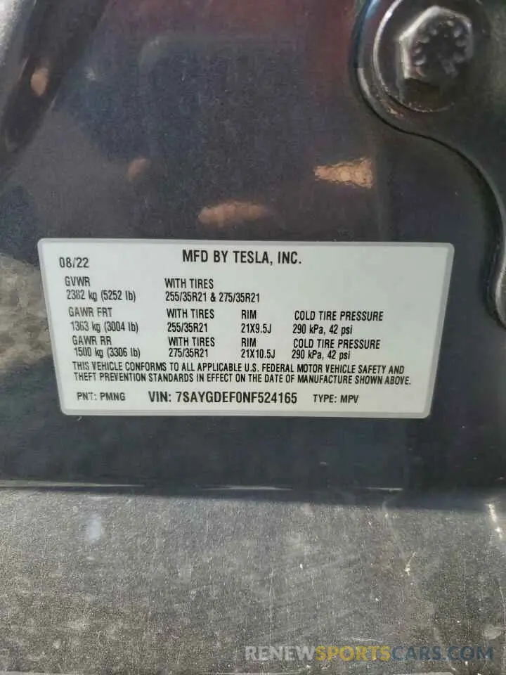 13 fotografías del automóvil dañado 7SAYGDEF0NF524165 TESLA MODEL Y 2022