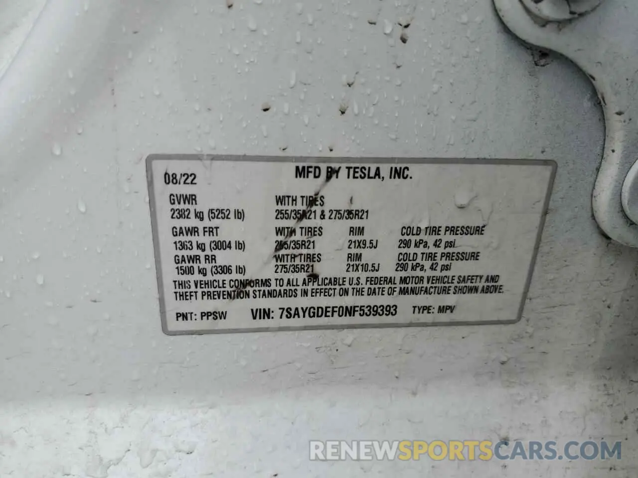 12 fotografías del automóvil dañado 7SAYGDEF0NF539393 TESLA MODEL Y 2022