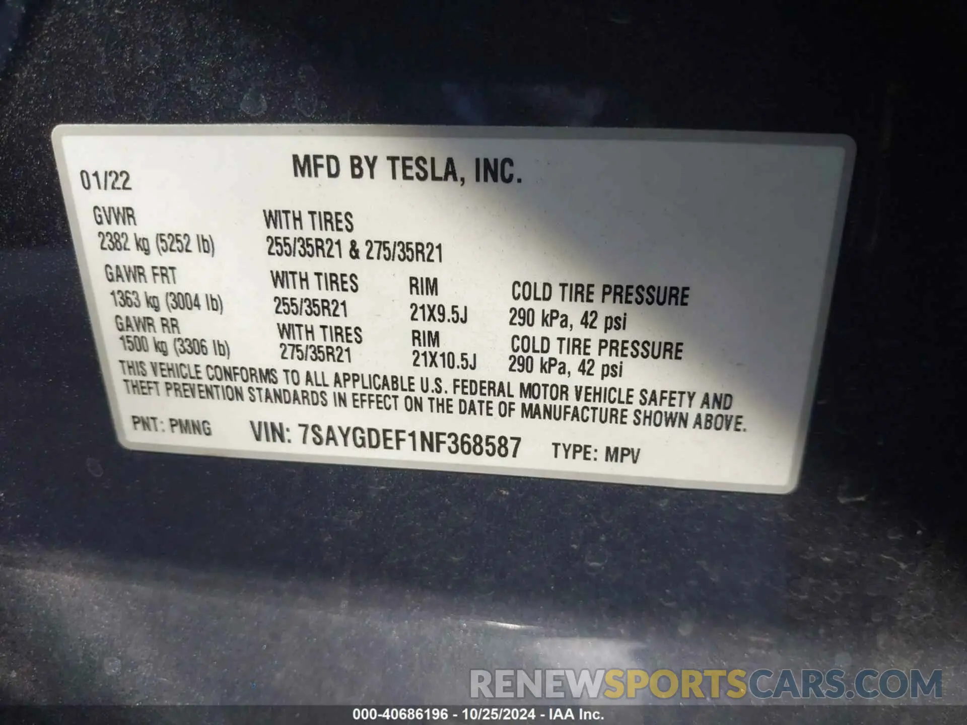9 fotografías del automóvil dañado 7SAYGDEF1NF368587 TESLA MODEL Y 2022