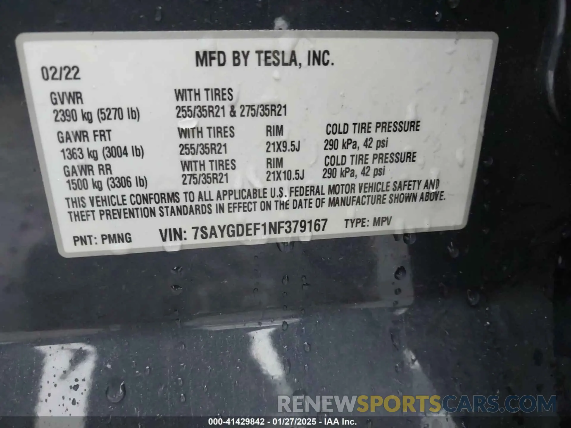 9 fotografías del automóvil dañado 7SAYGDEF1NF379167 TESLA MODEL Y 2022