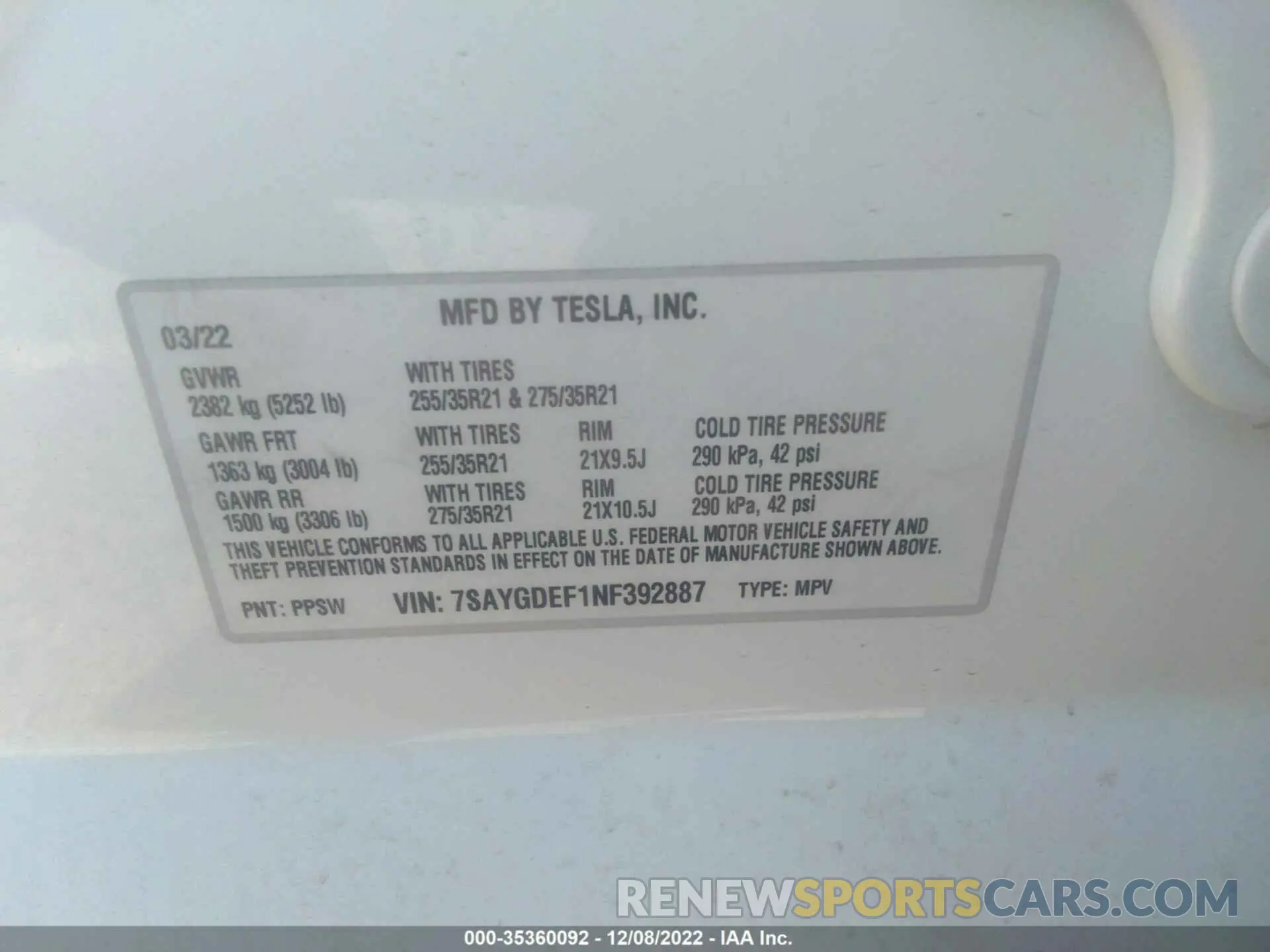 9 fotografías del automóvil dañado 7SAYGDEF1NF392887 TESLA MODEL Y 2022