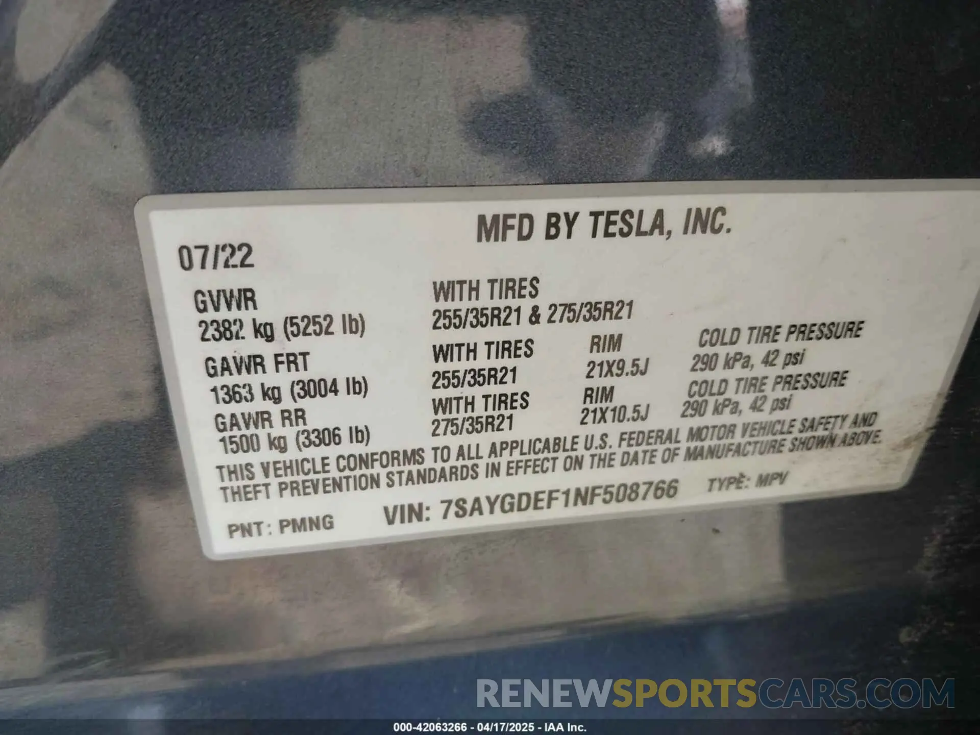 9 fotografías del automóvil dañado 7SAYGDEF1NF508766 TESLA MODEL Y 2022