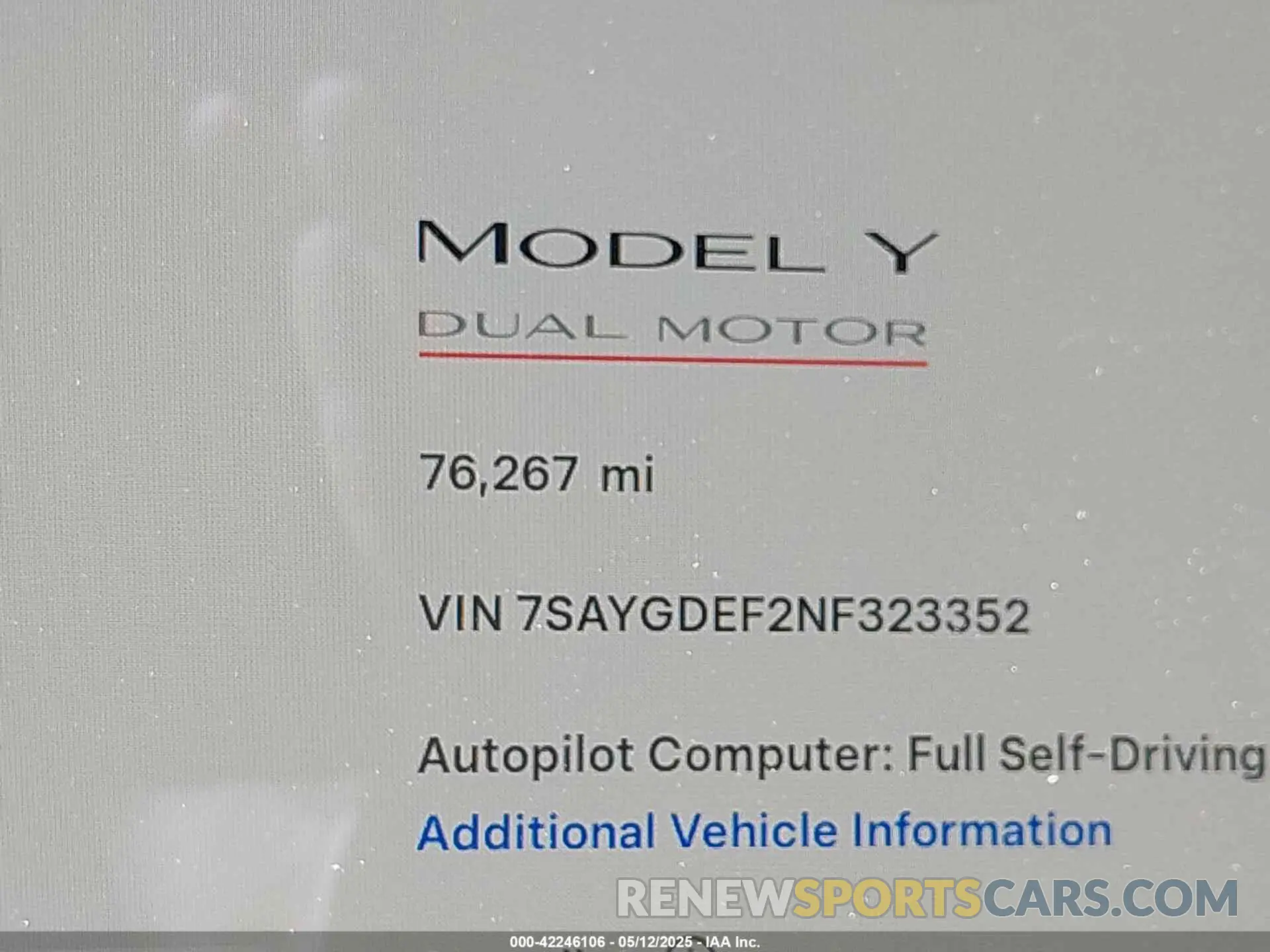 16 fotografías del automóvil dañado 7SAYGDEF2NF323352 TESLA MODEL Y 2022