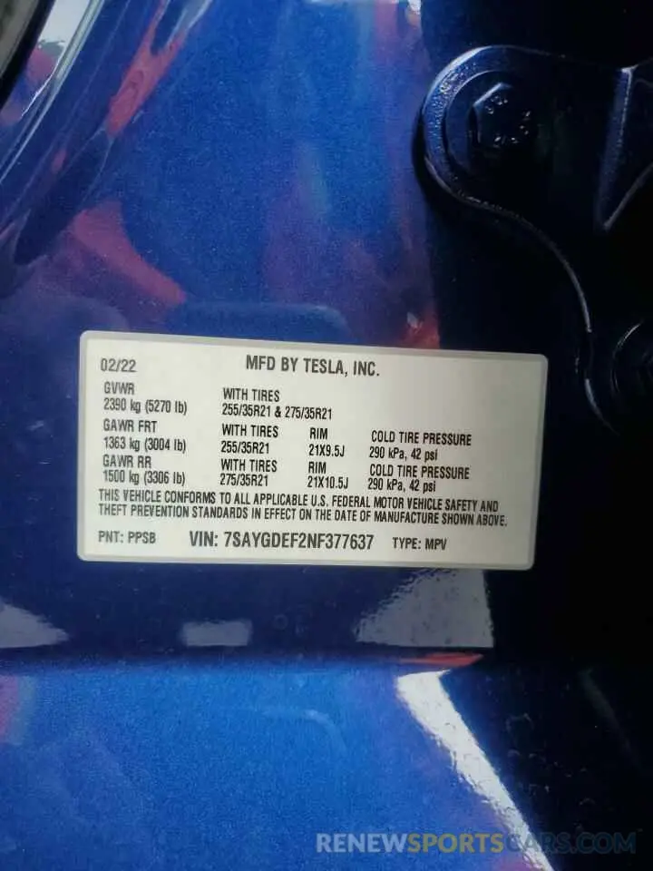 12 fotografías del automóvil dañado 7SAYGDEF2NF377637 TESLA MODEL Y 2022