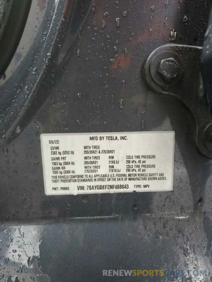 16 fotografías del automóvil dañado 7SAYGDEF2NF488043 TESLA MODEL Y 2022