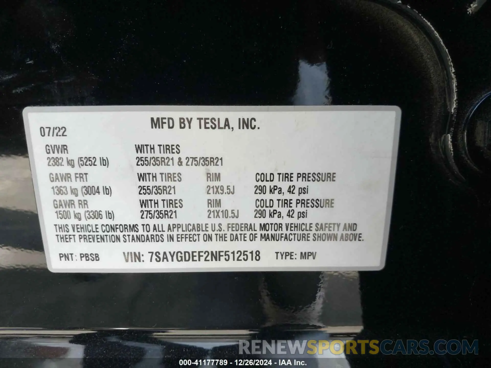 9 fotografías del automóvil dañado 7SAYGDEF2NF512518 TESLA MODEL Y 2022