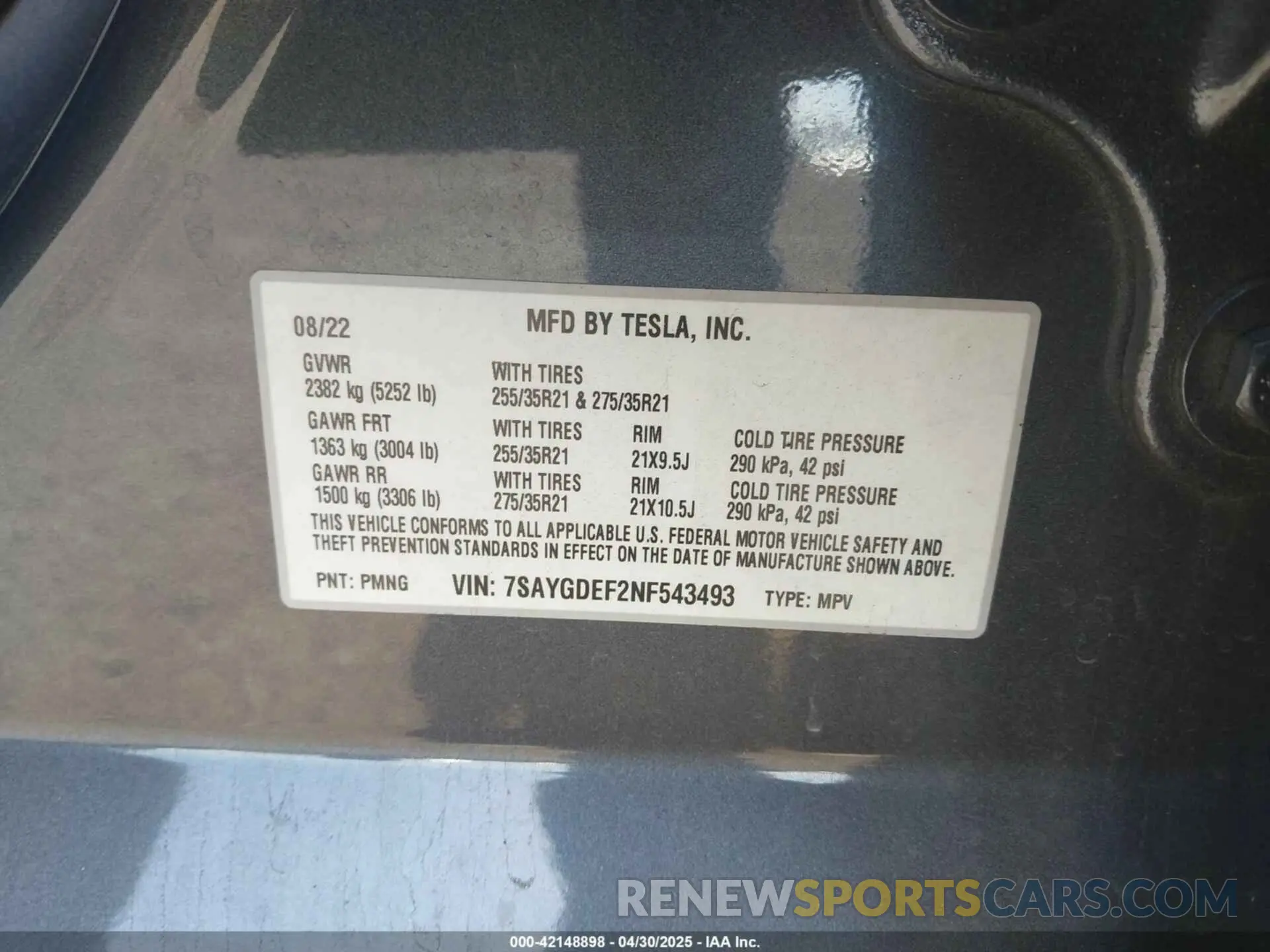 9 fotografías del automóvil dañado 7SAYGDEF2NF543493 TESLA MODEL Y 2022